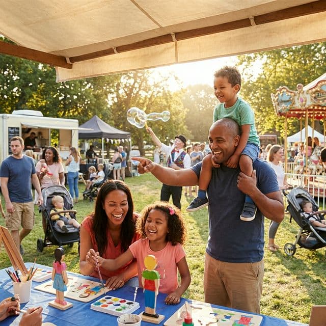 A family painting together at a summer fair
